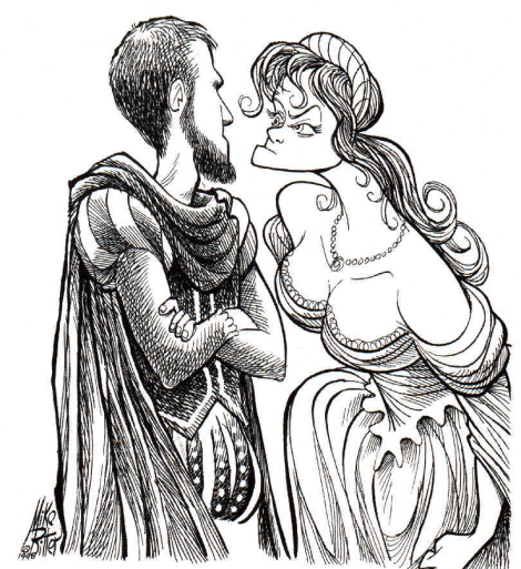 Cartoon of Petrucio and Katharing glo0wering at each other